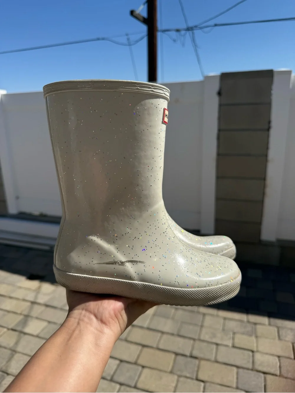 Hunter Kids Glitter Rain Boots - Cream with Multicolor Sparkle